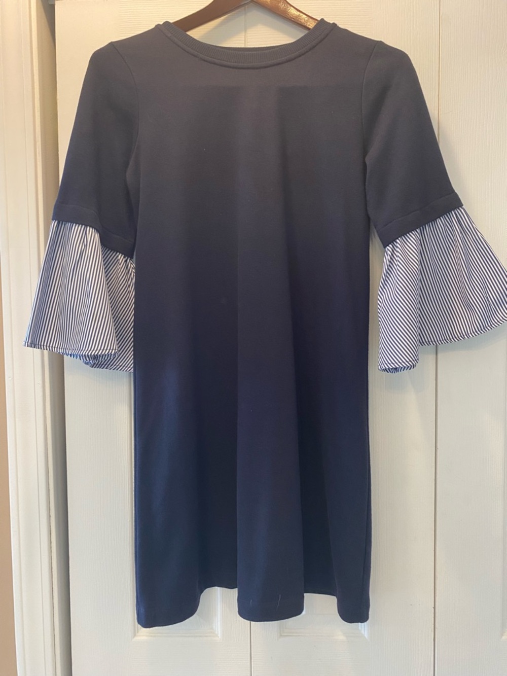 Luxology Navy Dress with White-Striped Bell Sleeves